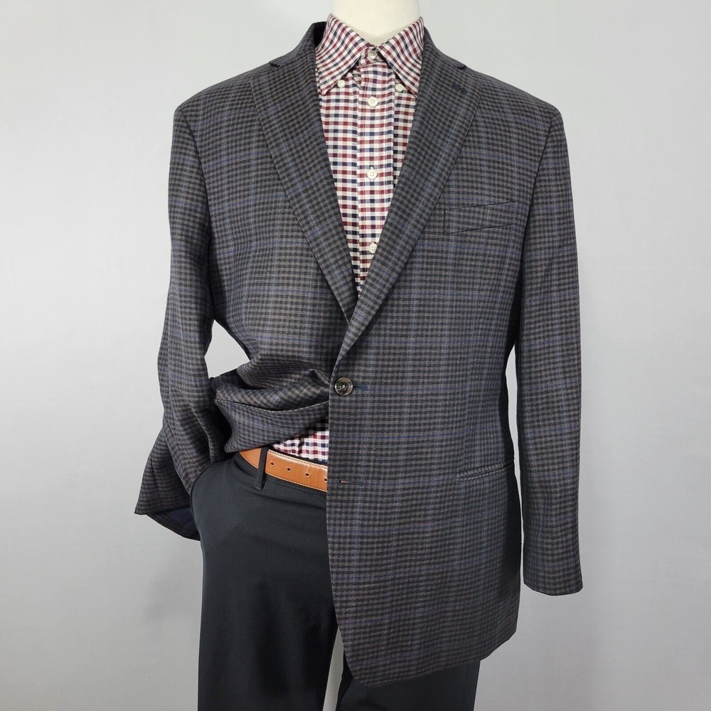 JOS A BANK Mens Sport Coat Blazer Linen Wool Brrr Comfort Checked Brown Slim 46R